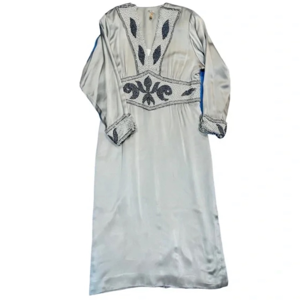 Couture Satin Silver Gown: hand beaded - art nouveau - handmade - deco style